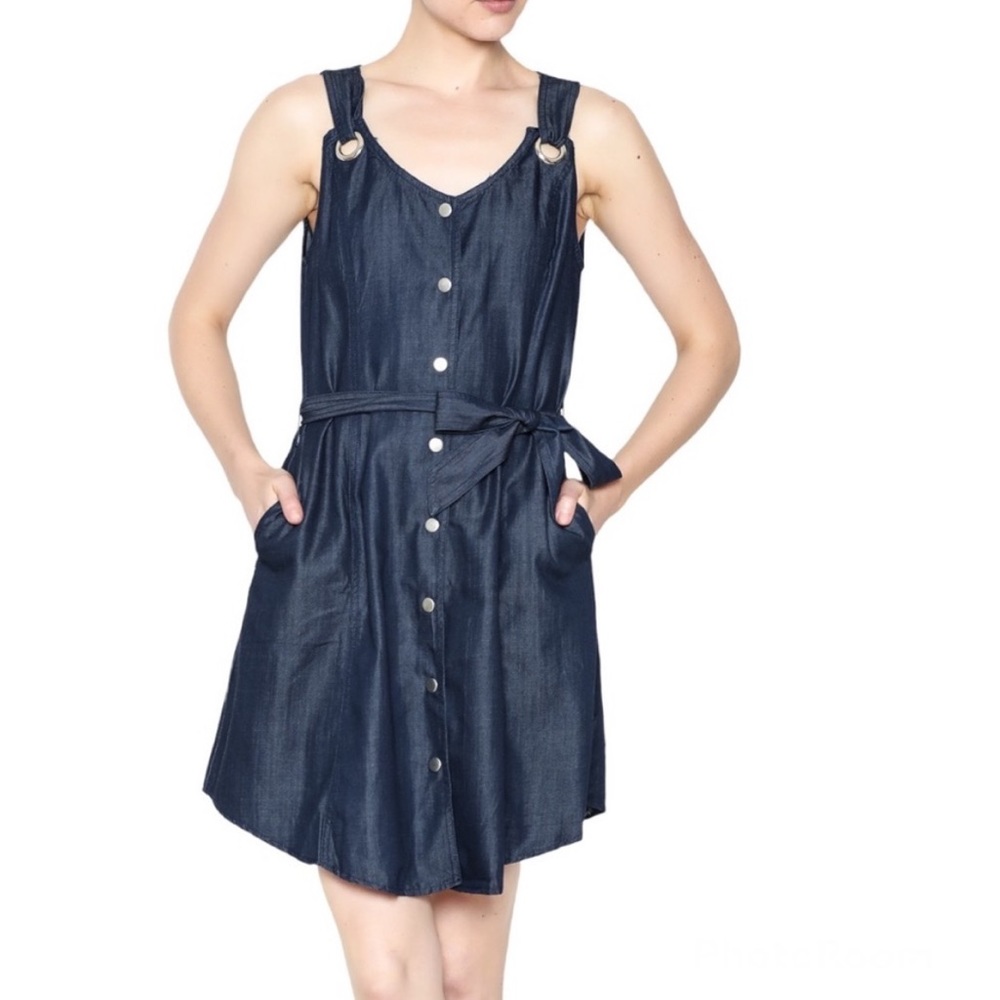 Tea & Cup Metal Ring Strap Button Front Bow Tie Belt Blue Denim Mini Dress M
